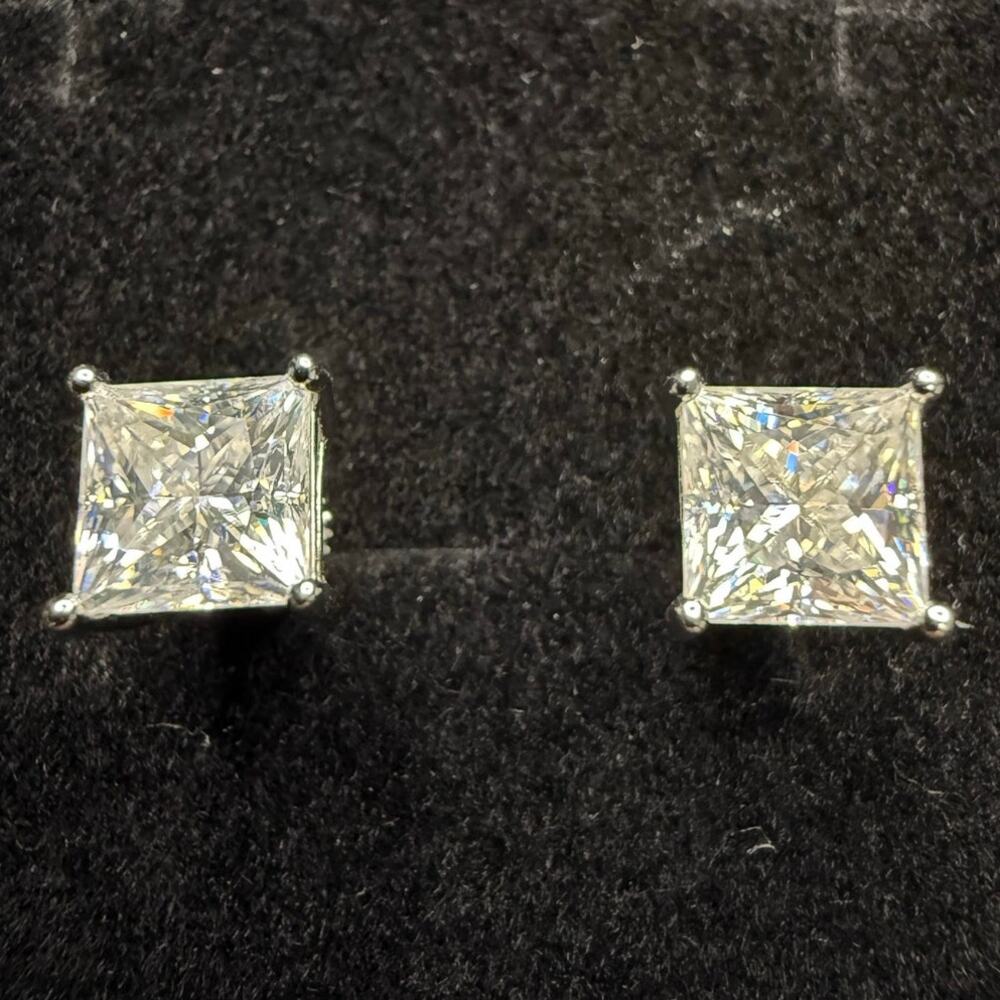 Solid 925 Sterling Silver Moissanite Square Screw Back Earrings 7.6mm